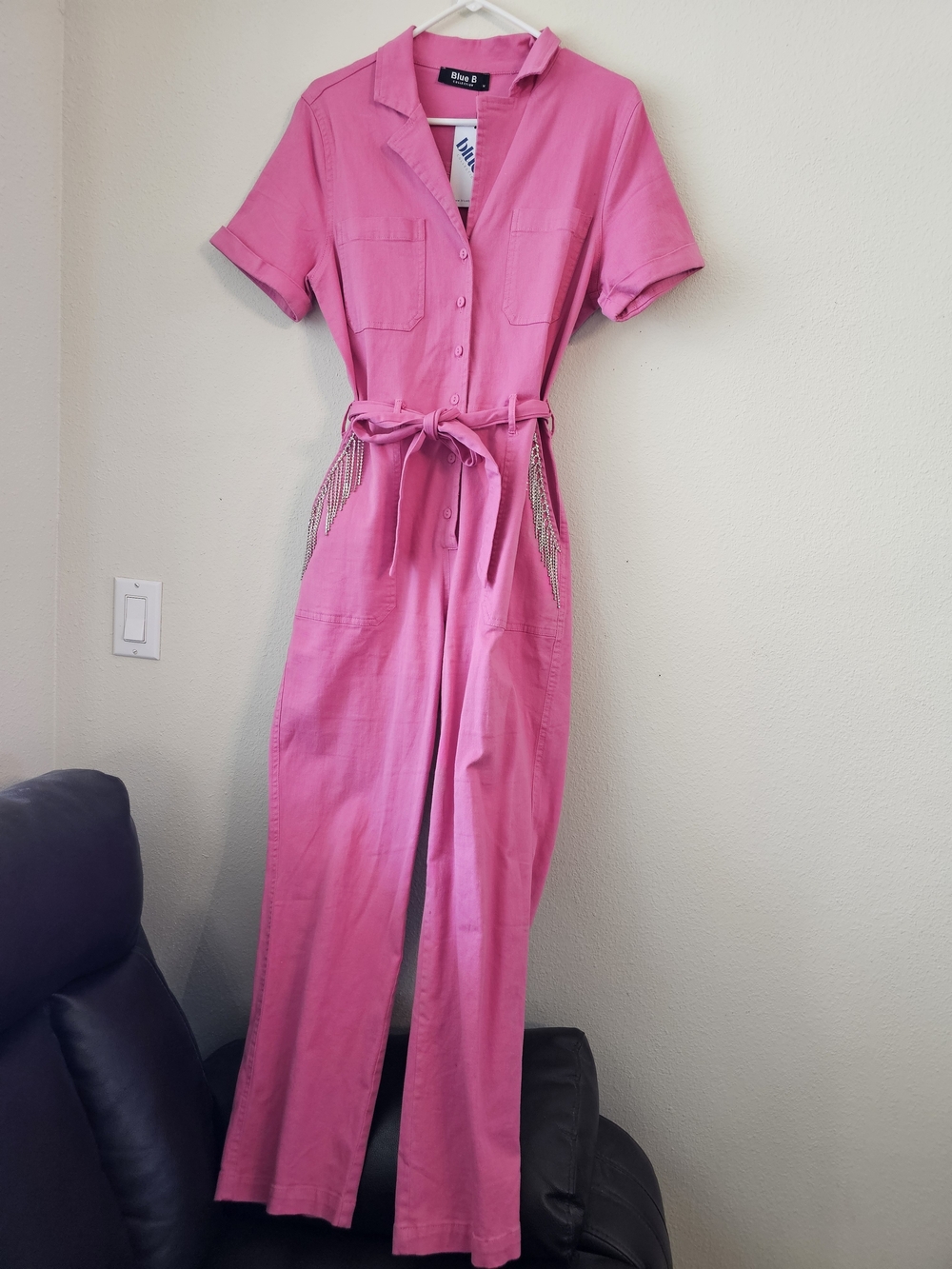 Pink Short-Sleeve Utility Jumpsuit with Tie Waist